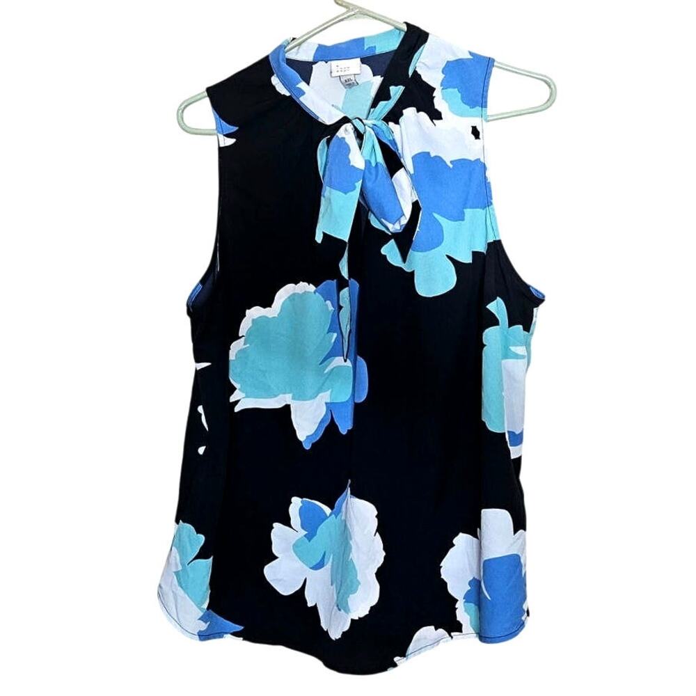 A New Day XXL Blouse Tie Bow Professional Sleeveless Blue White Blouse Top